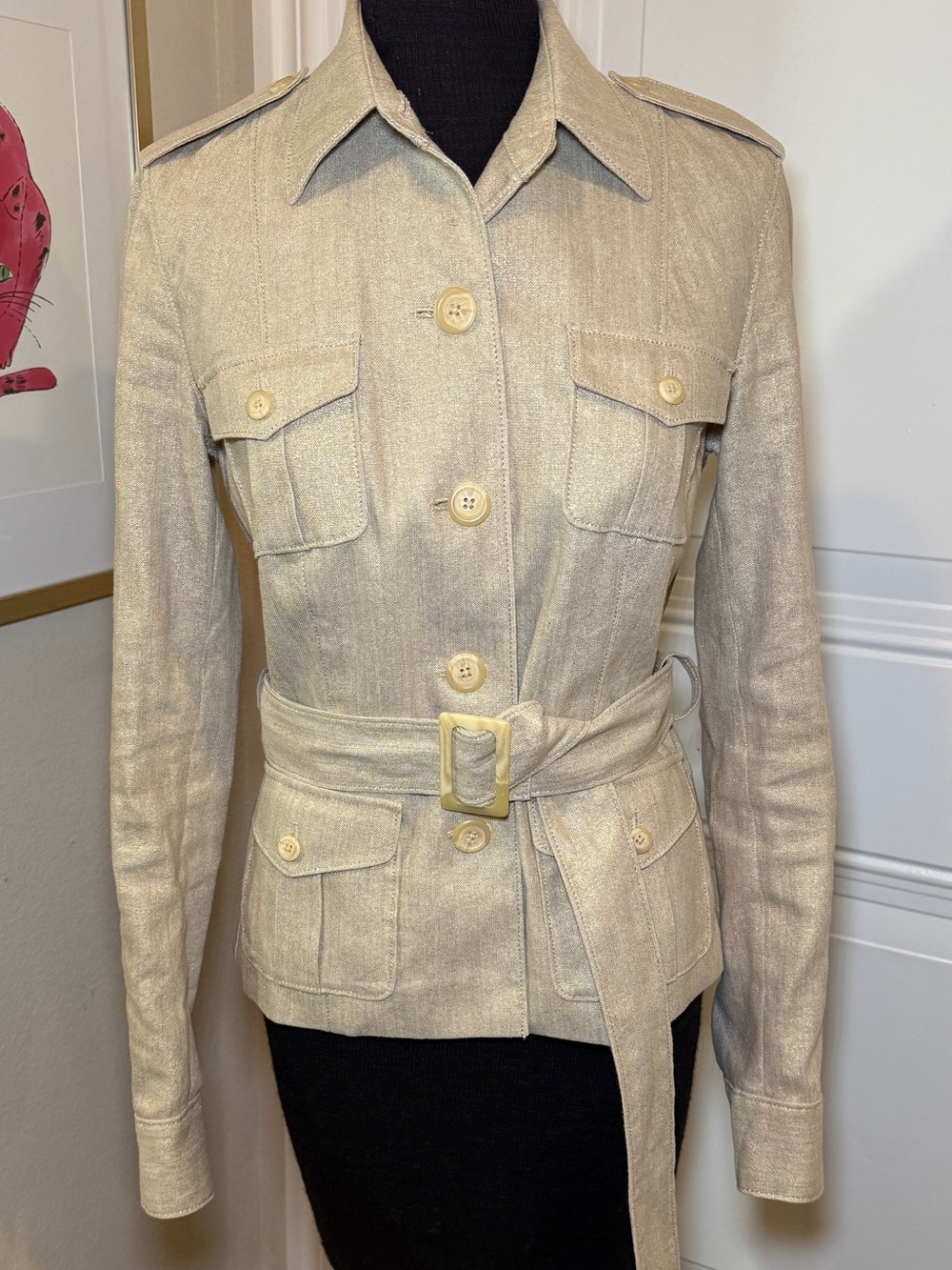Ralph Lauren Black Label Tan Linen Safari Utility Jacket Metallic Thread Size 4
